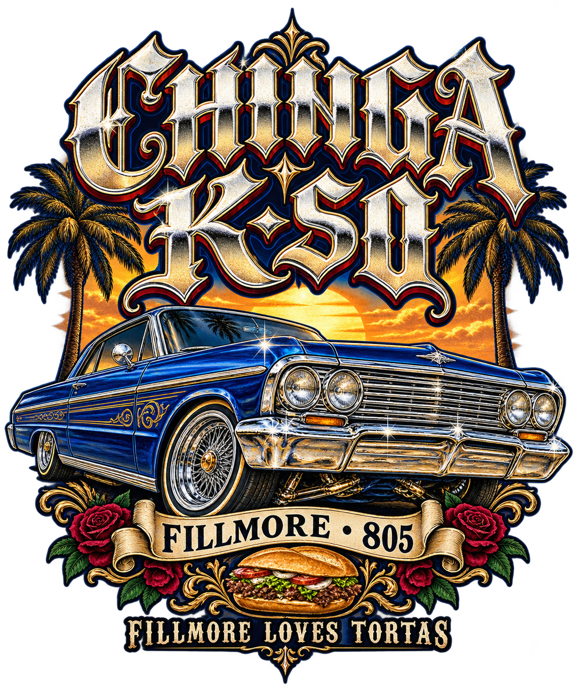 Chinga K-So blue lowrider, chrome lettering and Fillmore loves tortas graphic on a cream T-shirt mockup