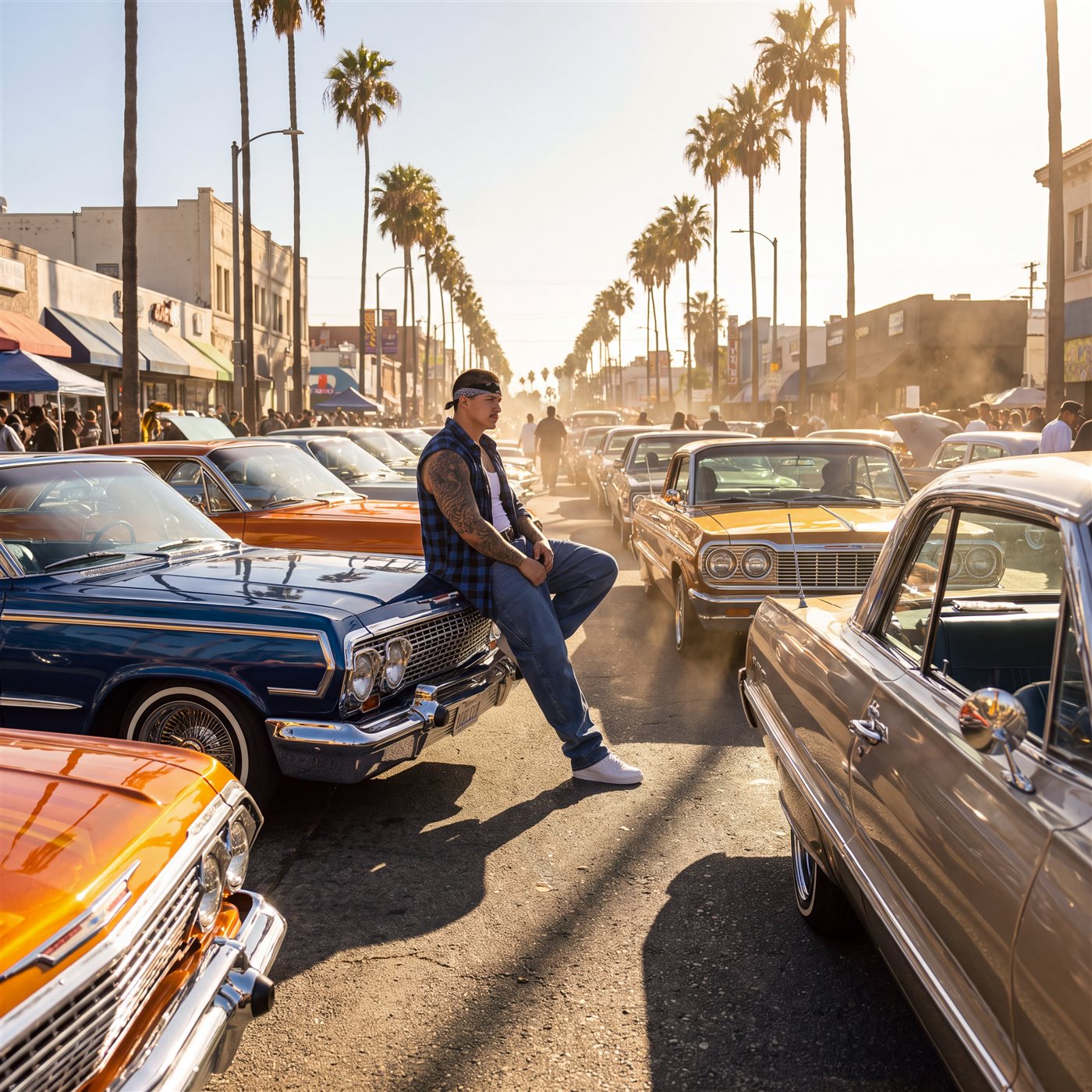 Chinga K-So sitting on a blue lowrider surrounded by classic cars and palm trees