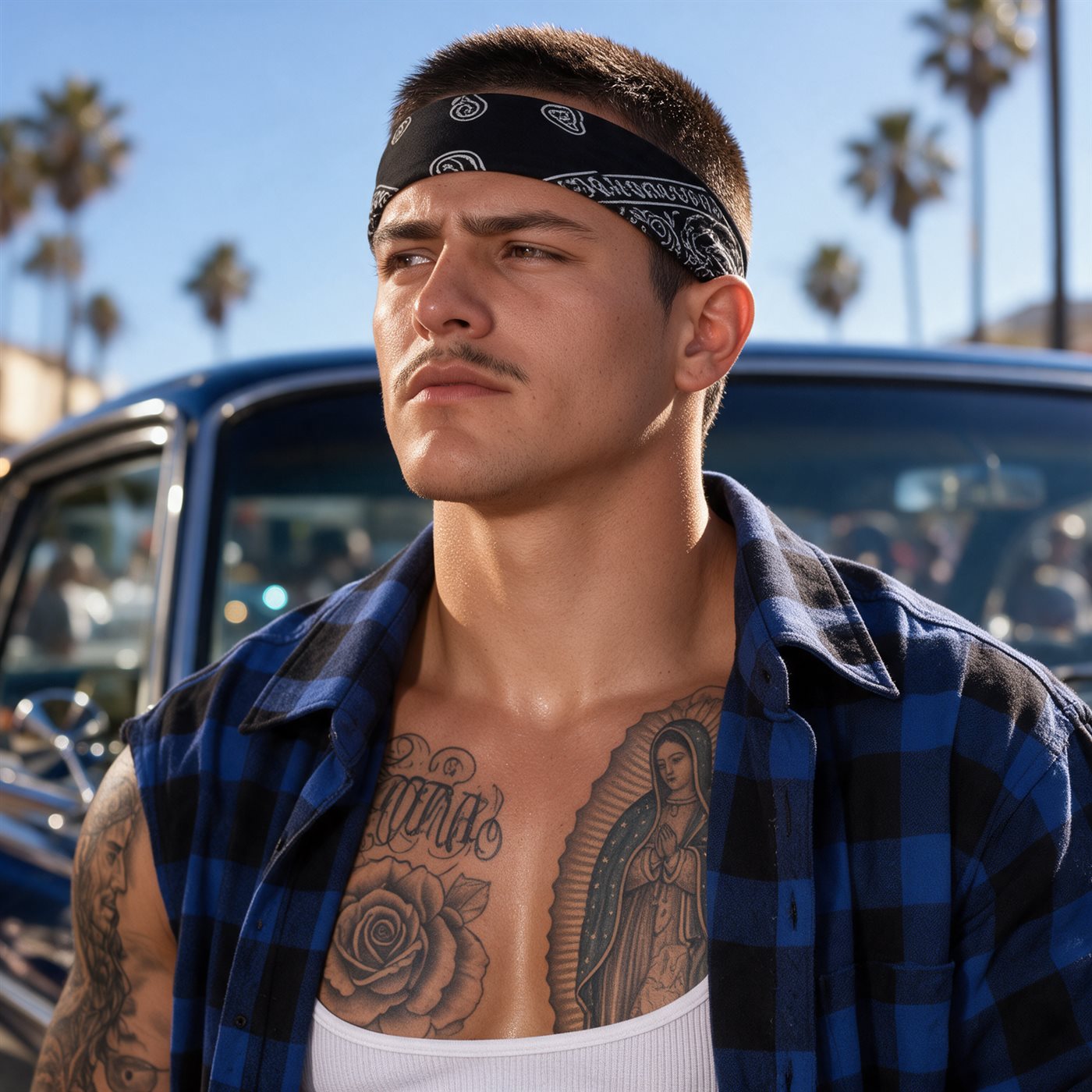 Chinga K-So wearing a blue flannel and black bandana beside a classic car